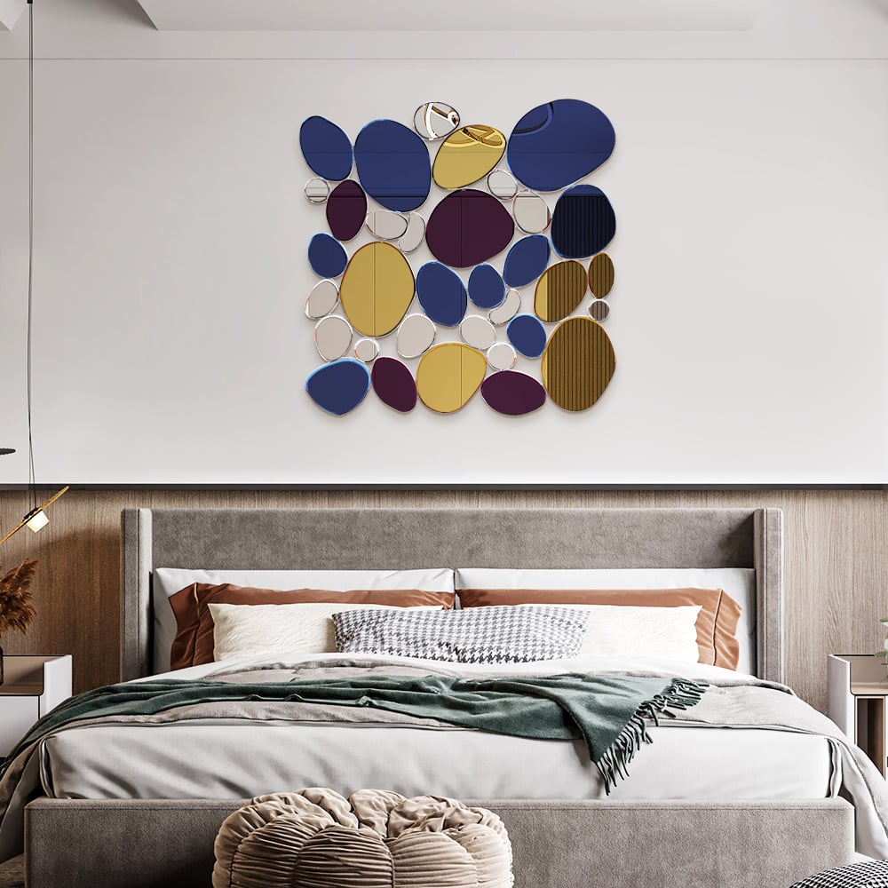 Otázky a odpovědi pro 31,5 „velký abstraktní nepravidelný barevný oblázkový nástěnný zrcadlový dekor umění obývací pokoj Ložnice