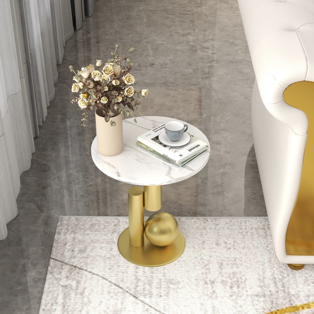 Customer Reviews for Round Marble Stone Top End Table with Abstract Metal Base Modern White Side Table