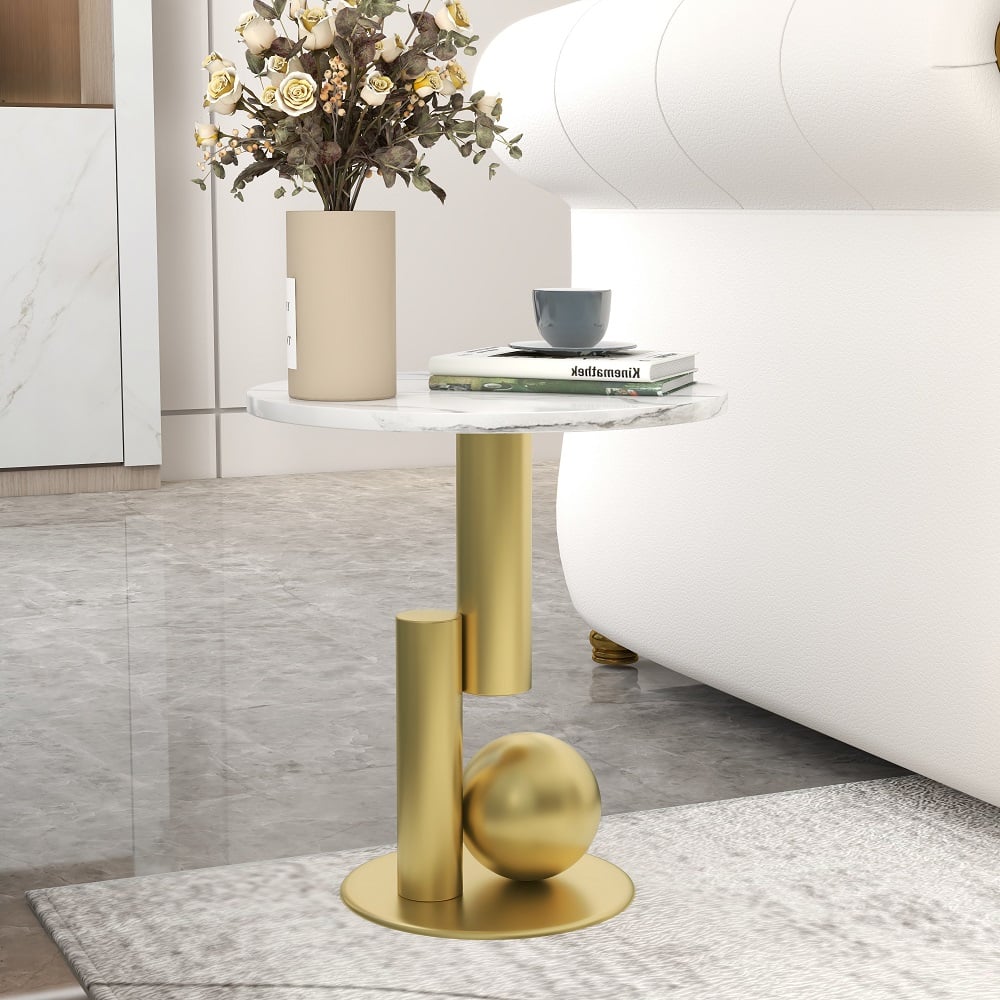 Customer Reviews for Round Marble Stone Top End Table with Abstract Metal Base Modern White Side Table