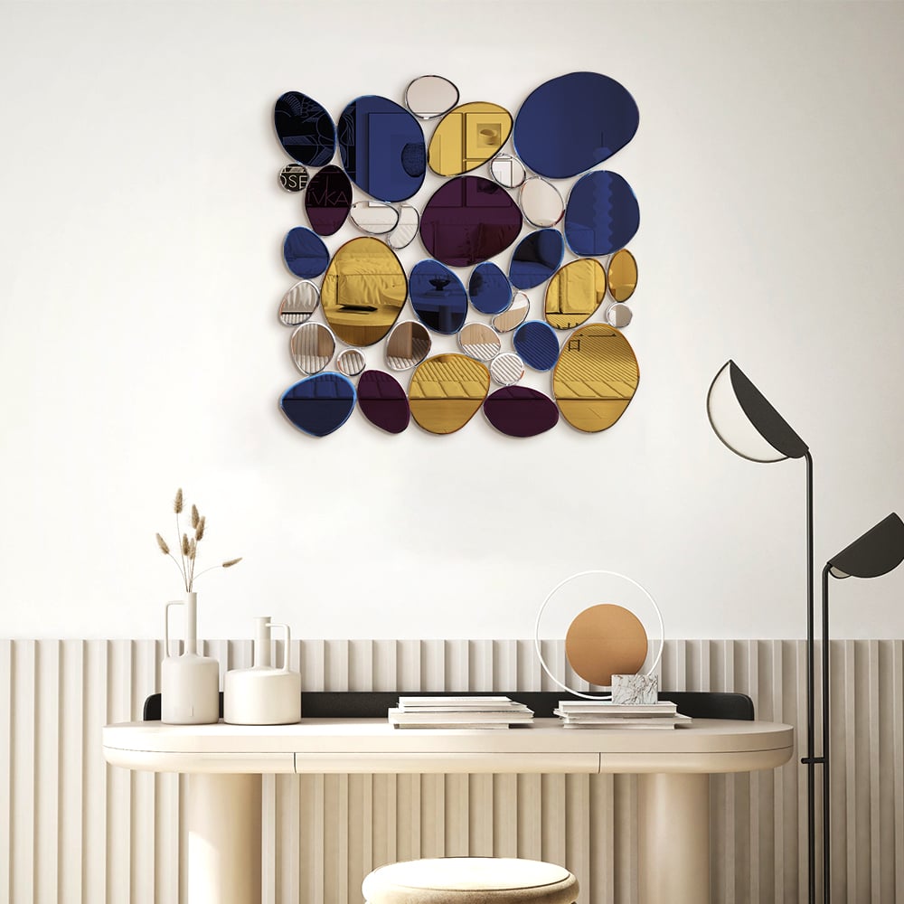 Otázky a odpovědi pro 31,5 „velký abstraktní nepravidelný barevný oblázkový nástěnný zrcadlový dekor umění obývací pokoj Ložnice