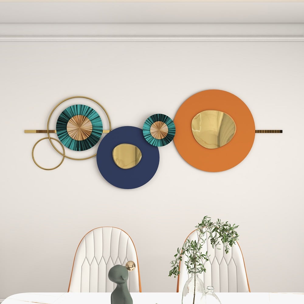 Questions and Answers for 59.1" x 22.8" Modern Metal Wall Decor Home Wall Art Orange & Gold & Blue Living Room