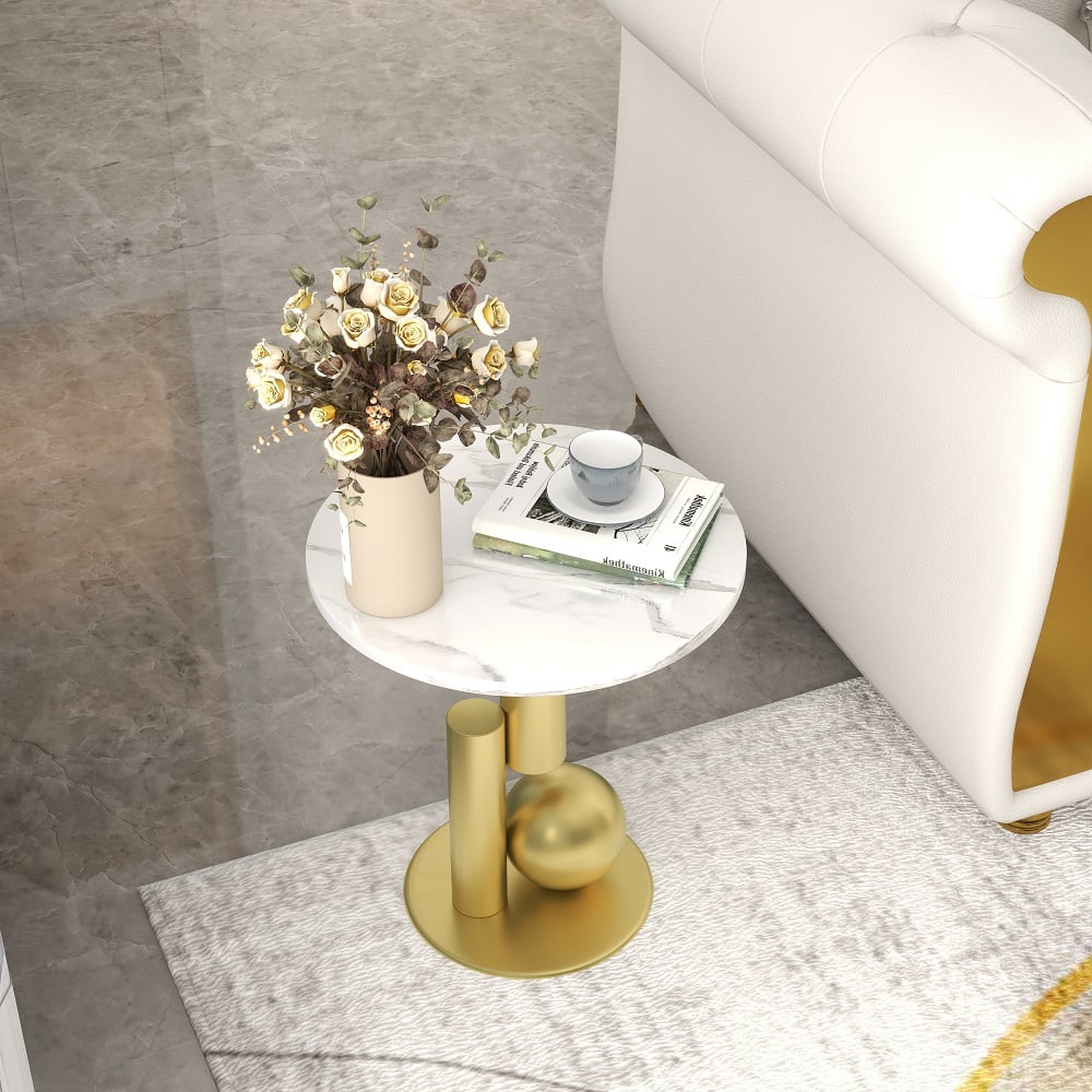 Customer Reviews for Round Marble Stone Top End Table with Abstract Metal Base Modern White Side Table
