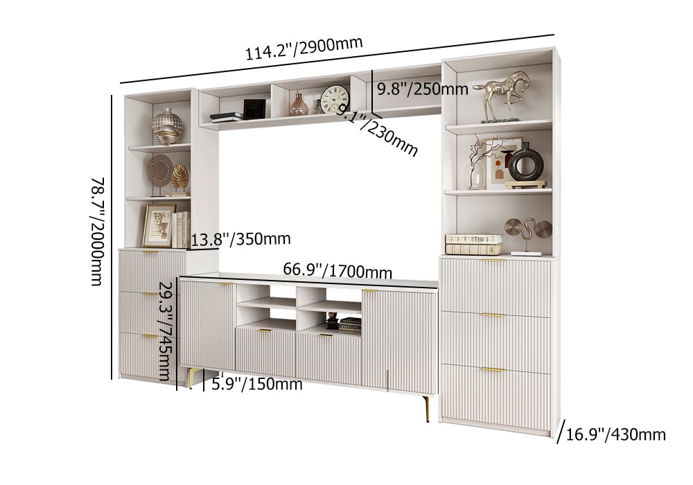 114.2" Fluted Wood Storage 4-Piece Entertainment Center with Bookshelf White TV Stand weights dimensions image