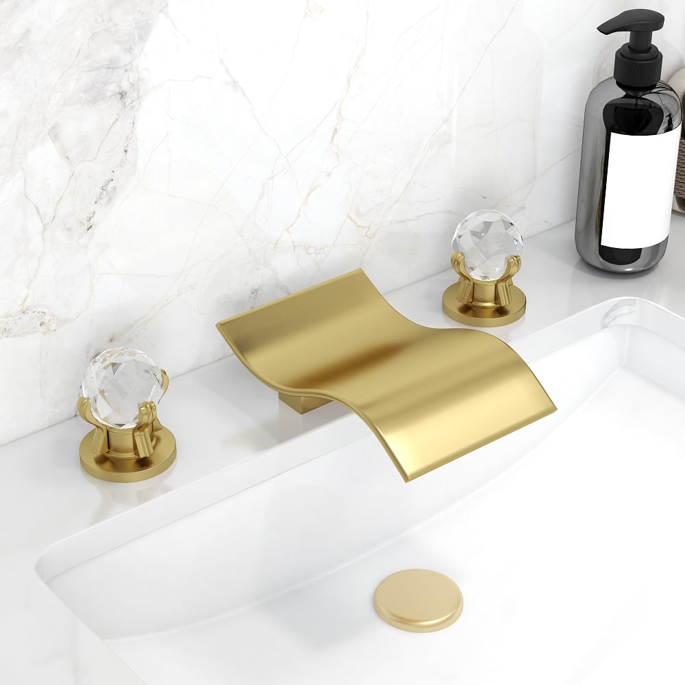 Questions et Réponses pour Robinet de lavabo à double levier cristal pour cascade 3 trous en or brossé