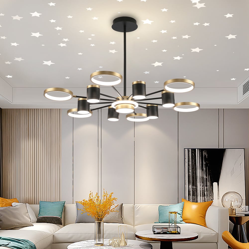 Recensioni dei clienti per Lampadario Nordic a 12 luci nero e oro ad anello LED con riflessione stellata dimmerabile