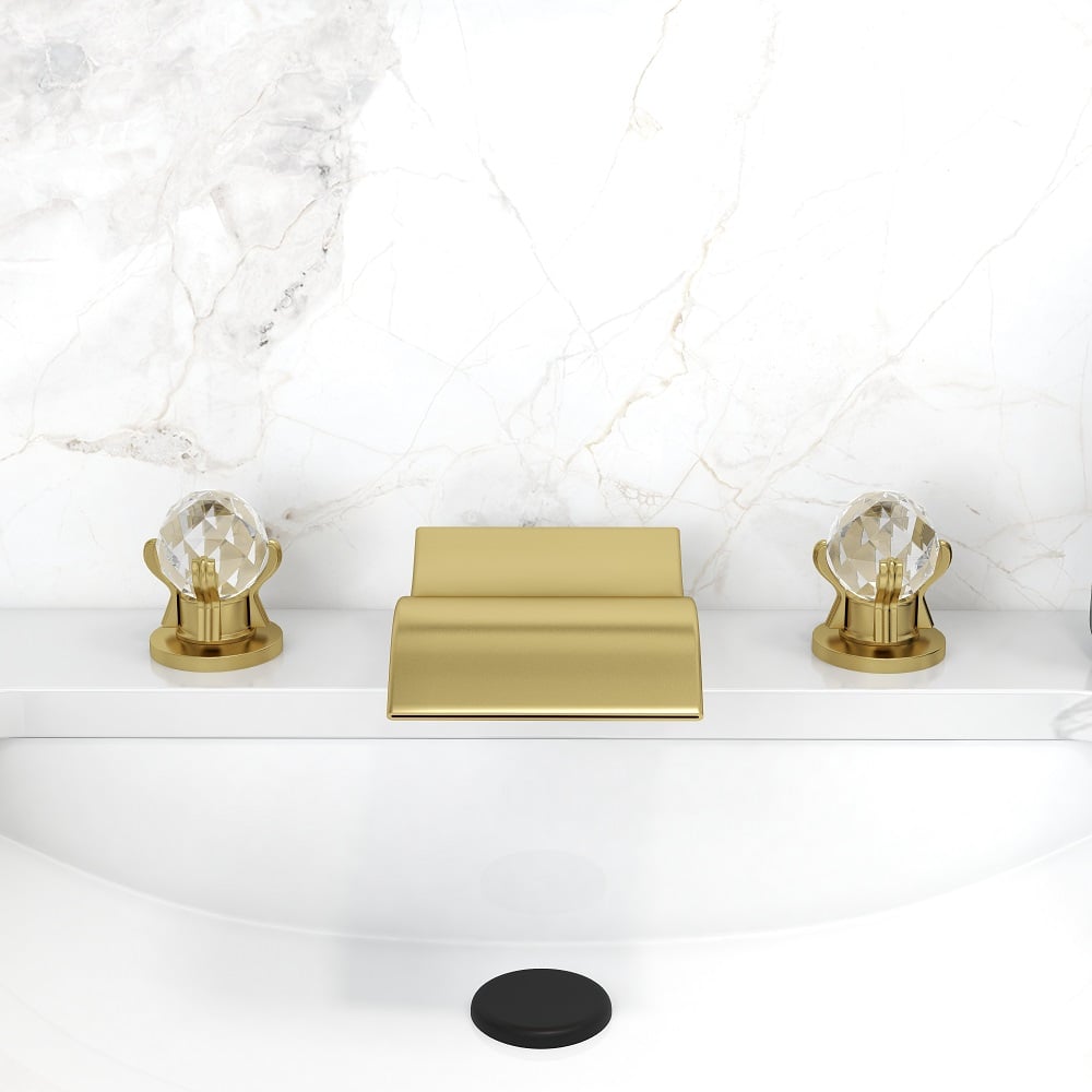 Questions et Réponses pour Robinet de lavabo à double levier cristal pour cascade 3 trous en or brossé