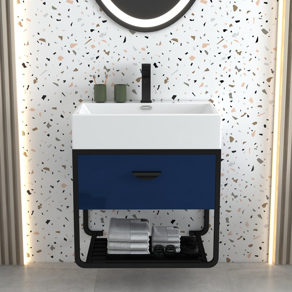 Questions and Answers for 600mm Blue Floating Bathroom Vanity Single Ceramic Undermount 1 Drawer 1 Shelf