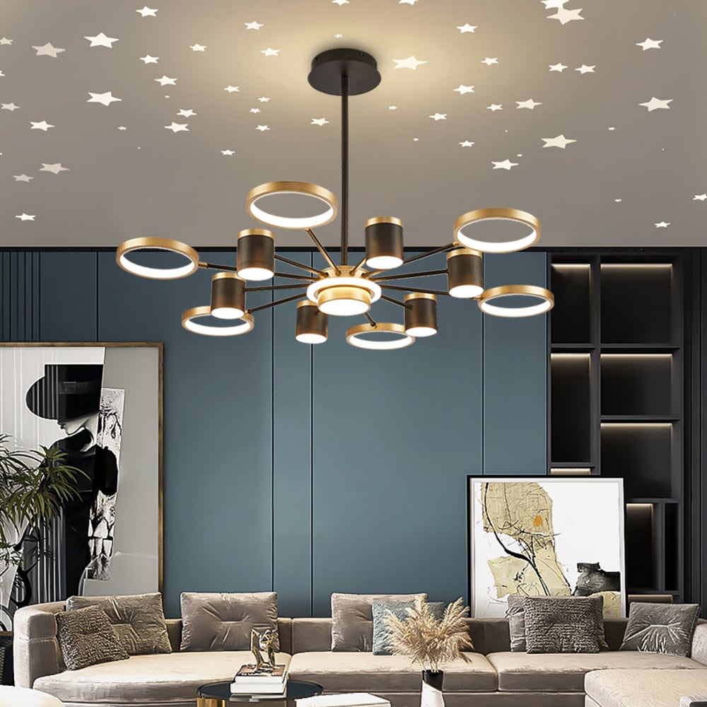 Recensioni dei clienti per Lampadario Nordic a 12 luci nero e oro ad anello LED con riflessione stellata dimmerabile
