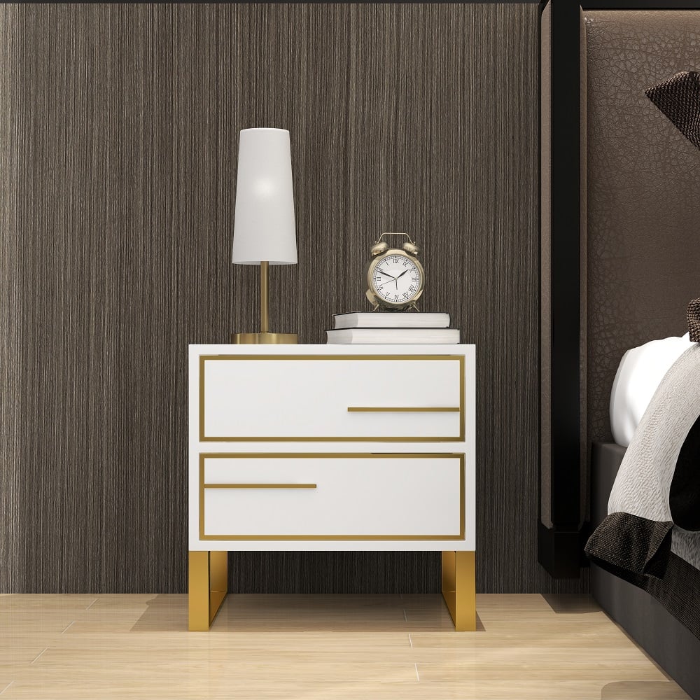 Customer Reviews for Modern White Bedside Table Lacquered 2-Drawer with Golden Stainless Steel Legs