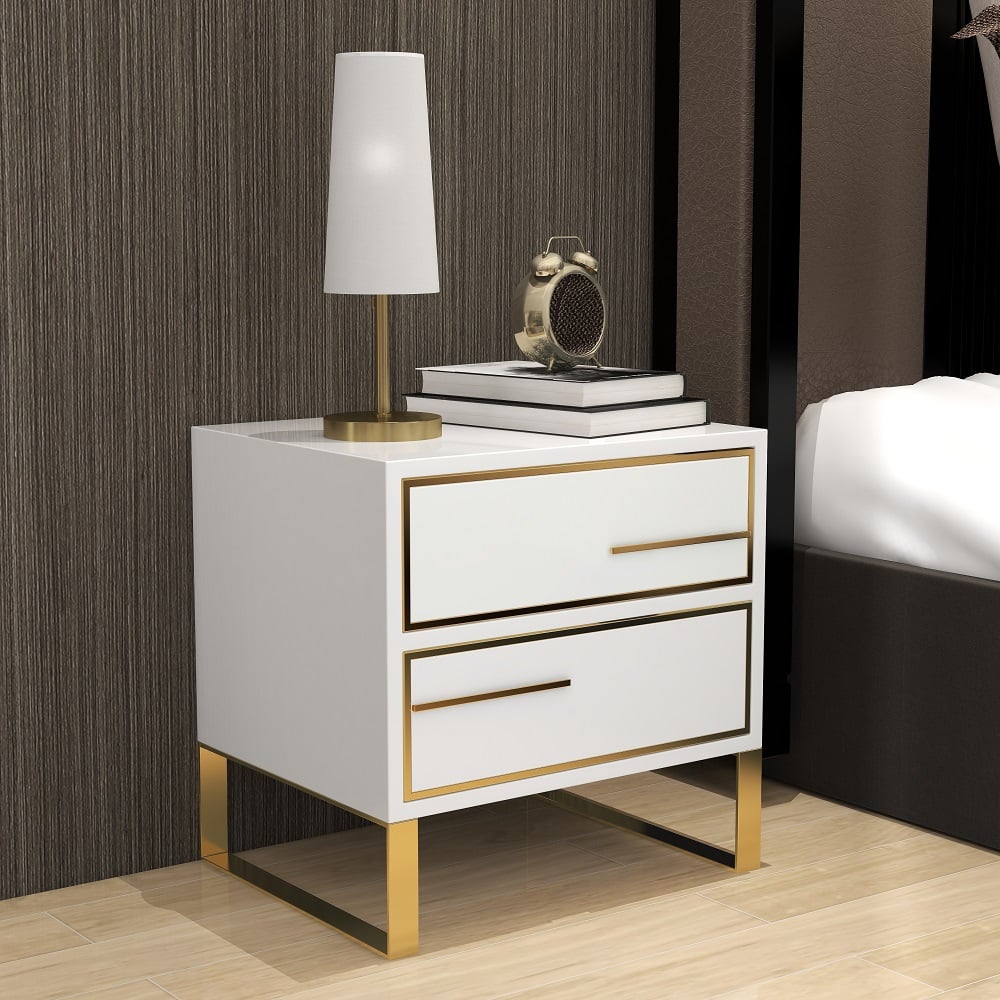 Customer Reviews for Modern White Bedside Table Lacquered 2-Drawer with Golden Stainless Steel Legs