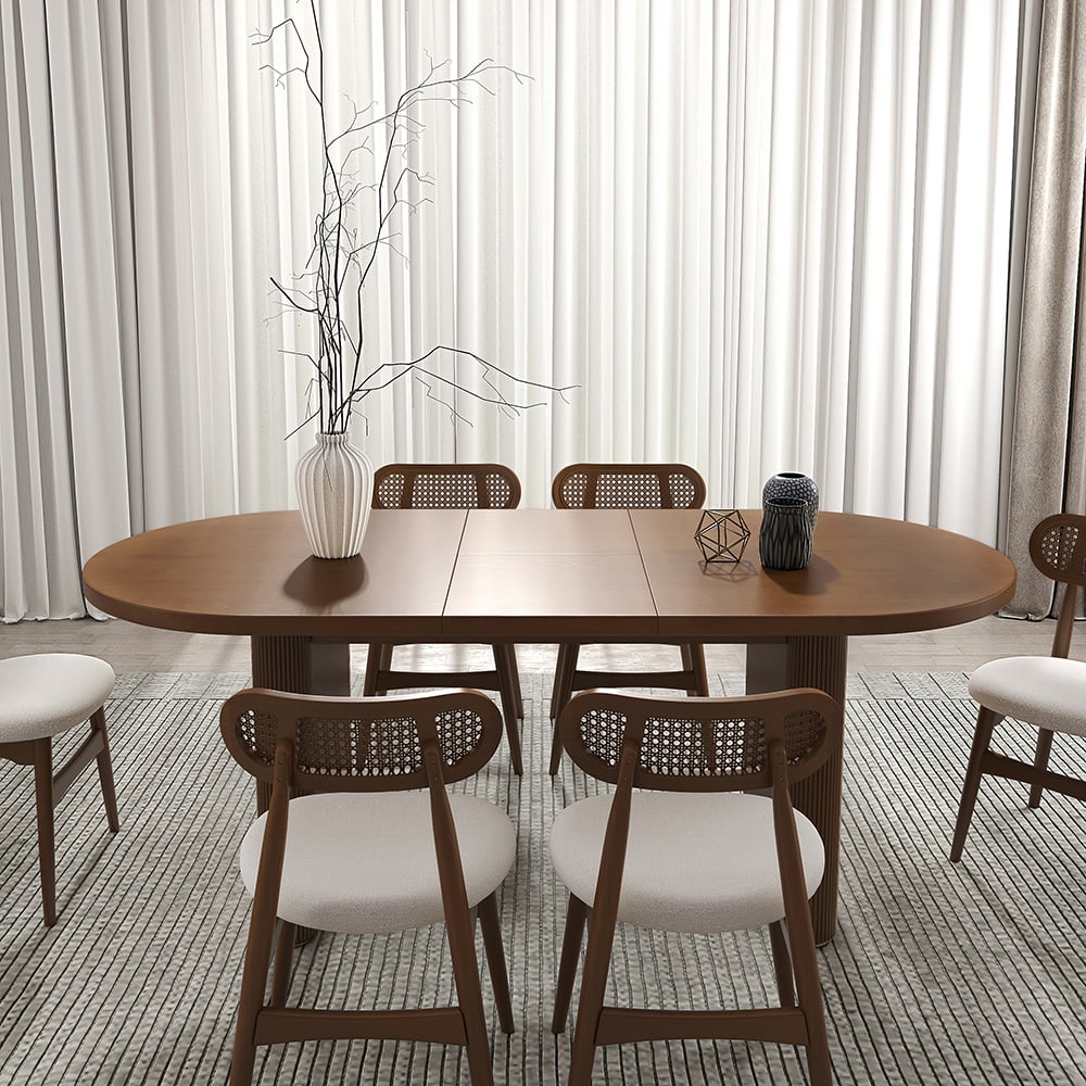 Domande e risposte per Tavolo da pranzo ovale allungabile Japandi in noce (1600-2000 mm), per 4-6 persone