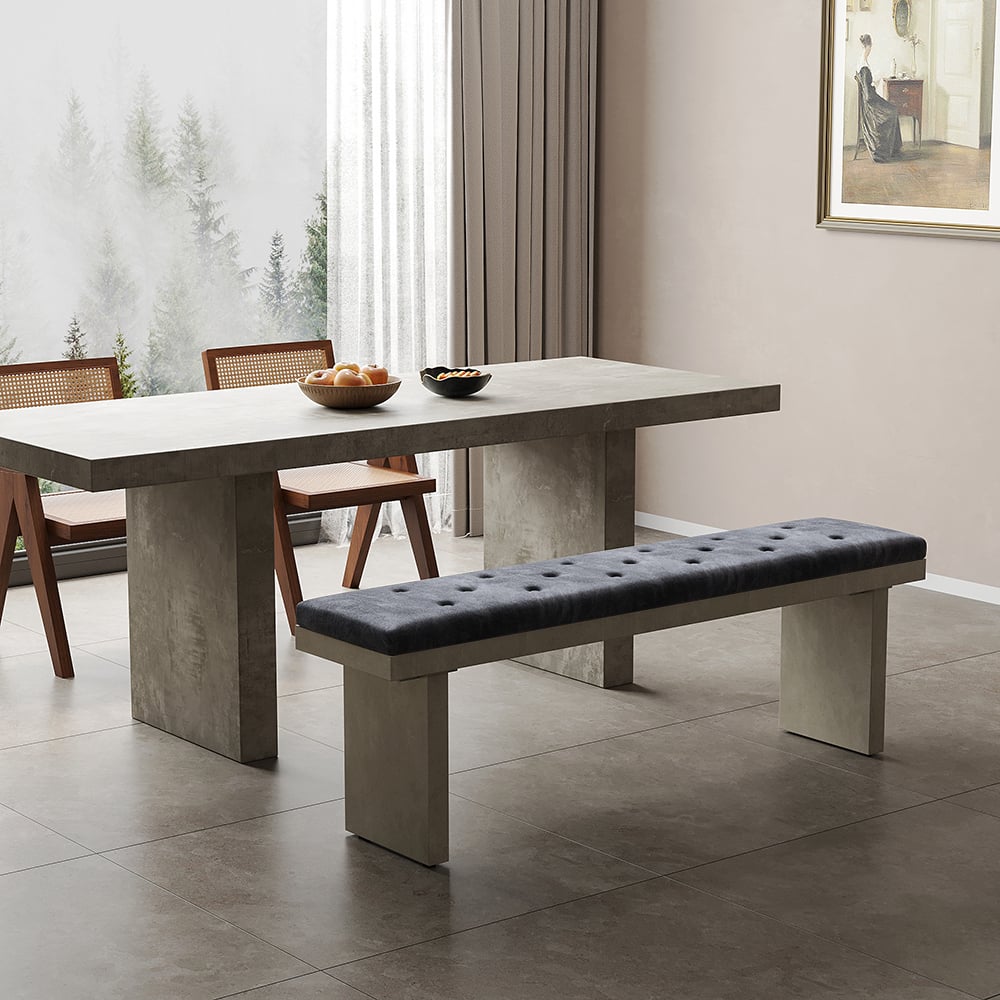 Questions et Réponses pour Banc de salle à manger Upoak, gris, 1500 mm, rembourrage en velours capitonné Farmhouse, double piédestal