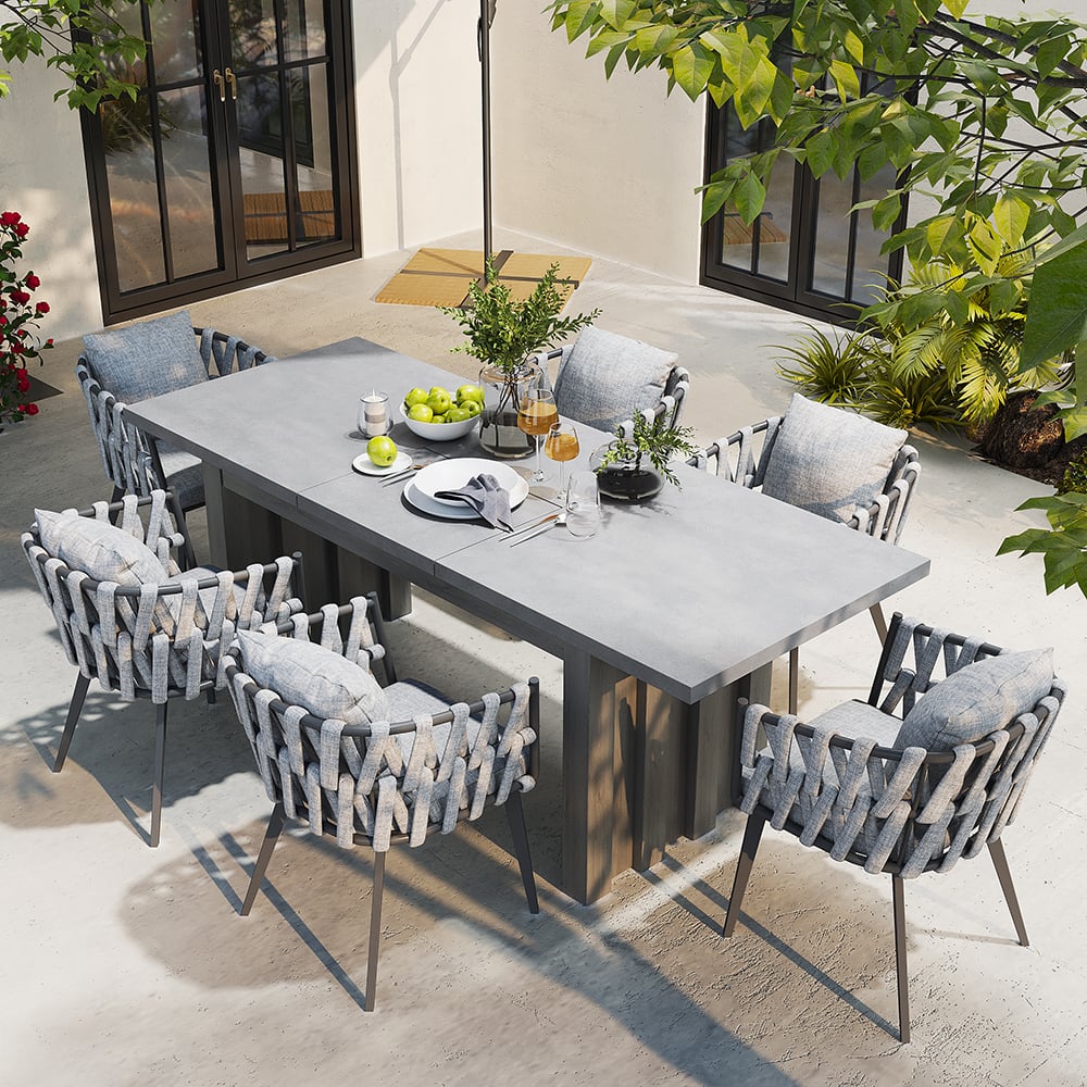 Questions and Answers for 7-piece aluminum garden dining set with extendable table and woven armchair
