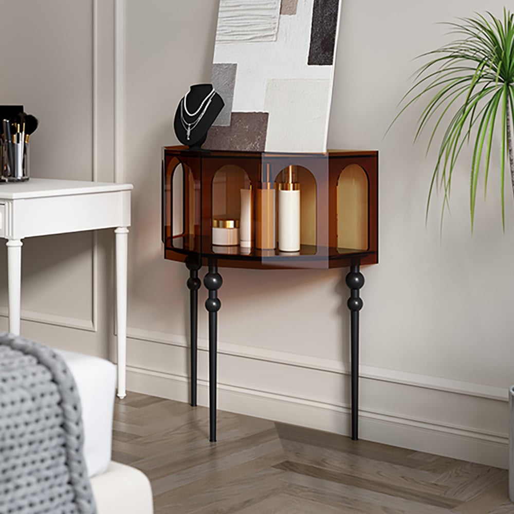 Vragen en antwoorden voor 930 mm bruine acryl Demilune consoletafel voor opslag moderne entreetafel uit het midden van de eeuw