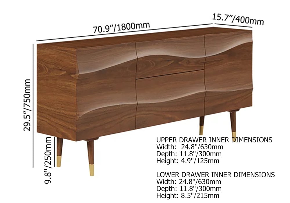 Lake 71" Walnut Sideboard Credenza with Storage Buffet Kitchen Cabinet Wavy Mid-Century  weights dimensions image