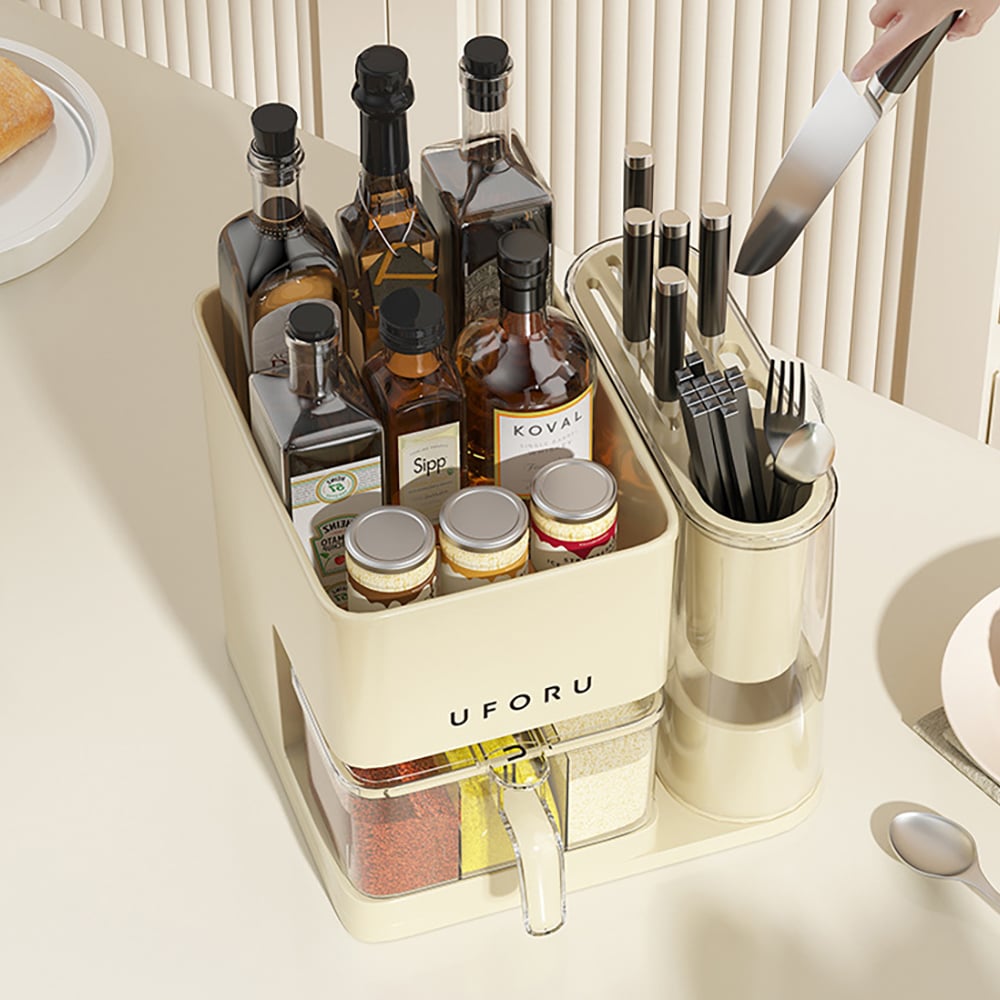 Otázky a odpovědi pro Sada sklenic a stojanů na koření s držákem organizéru nožů a úložným prostorem v béžové barvě