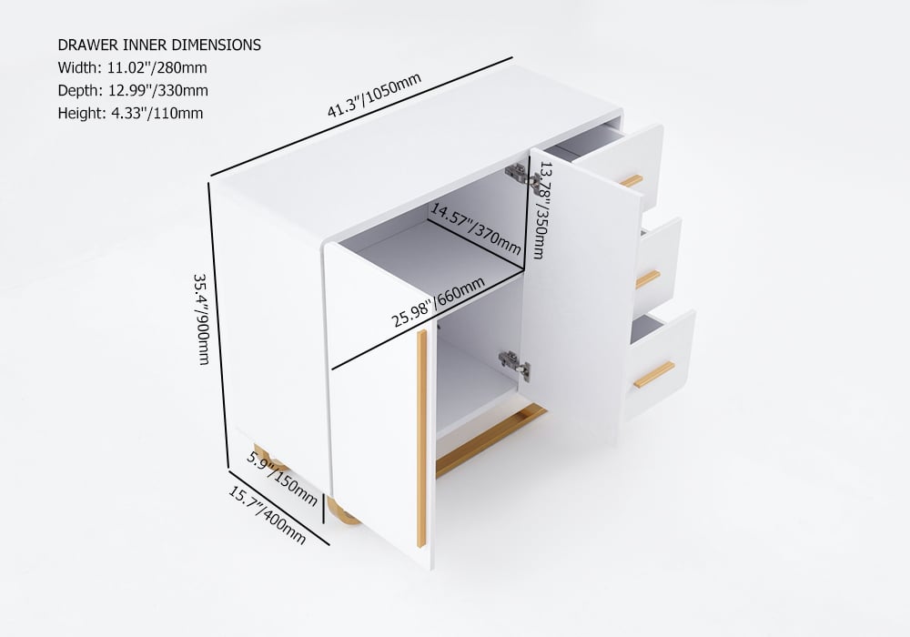 41" White Sideboard Nordic Buffet with Doors & Drawers & Adjustable Shelf in Small weights dimensions image