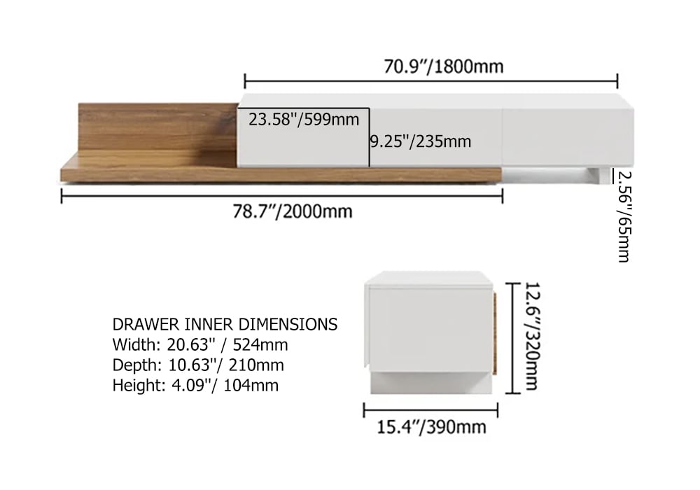 Extendable Floor Walnut TV Stand with 3 Drawers(84"-110") weights dimensions image