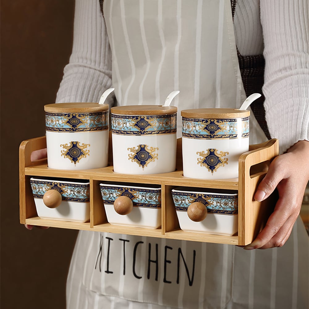 Questions and Answers for 2-Tier 6 Jar Spice Seasoning Jar & Rack Set Ceramic Organizers with Lid in White