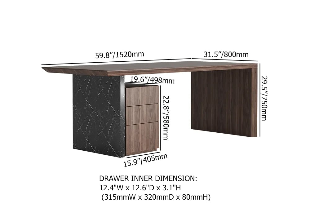 Modern Black & Walnut Home Office Desk with Movable File Cabinet (59.8") weights dimensions image