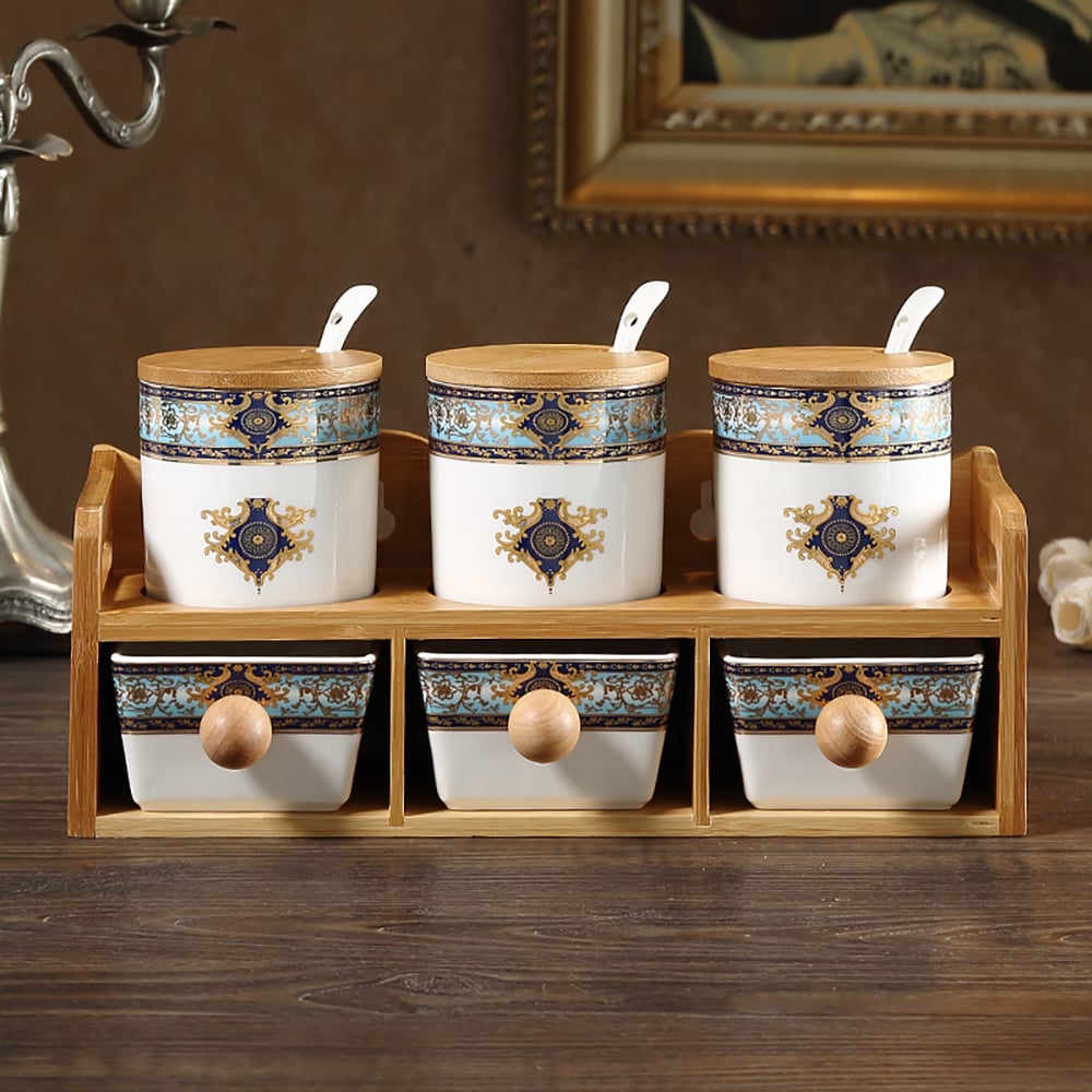 Questions and Answers for 2-Tier 6 Jar Spice Seasoning Jar & Rack Set Ceramic Organizers with Lid in White