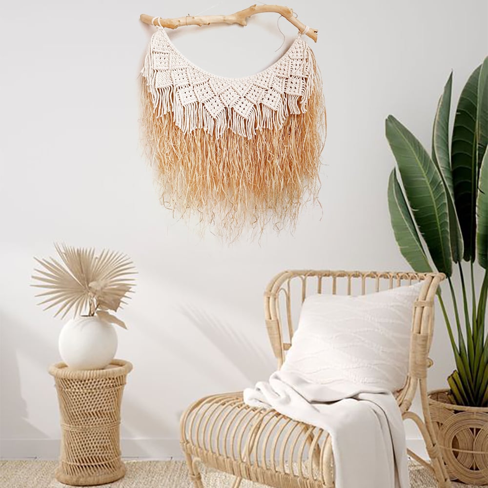 Domande e risposte per Grande arazzo da parete in legno di rafia intrecciato boho fatto a mano in cotone naturale macramè