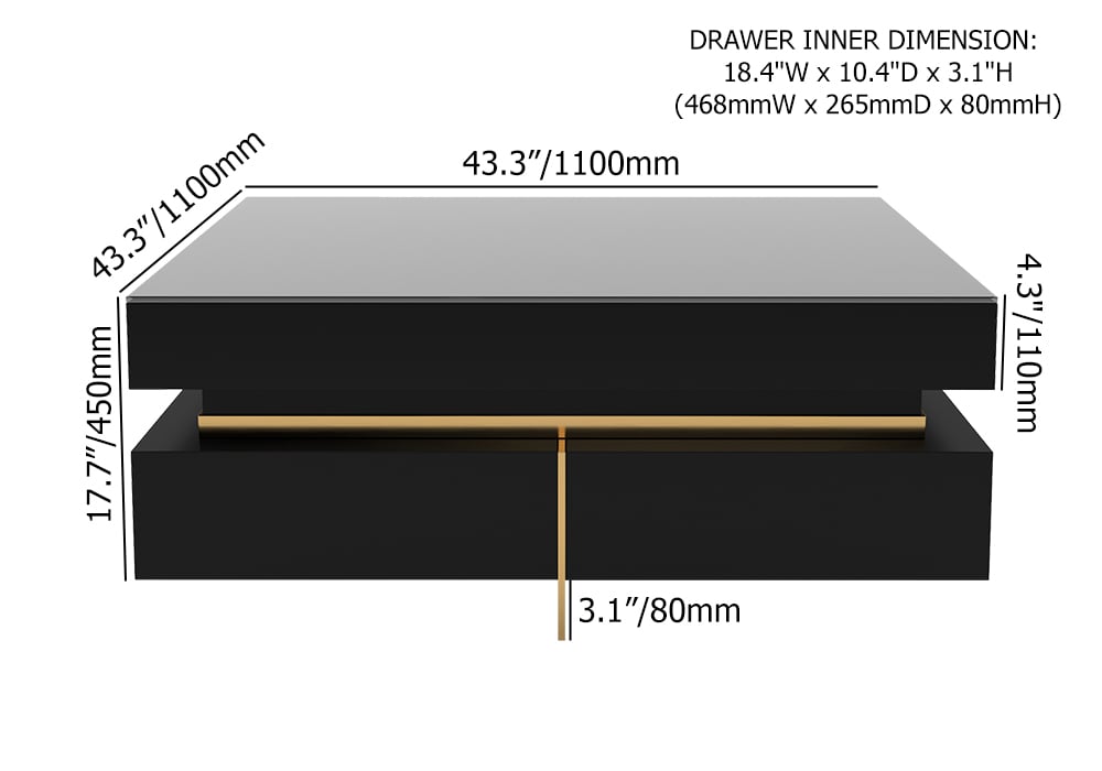 Black Modern Square Coffee Table with Drawers Tempered Glass Top & Metal Legs weights dimensions image