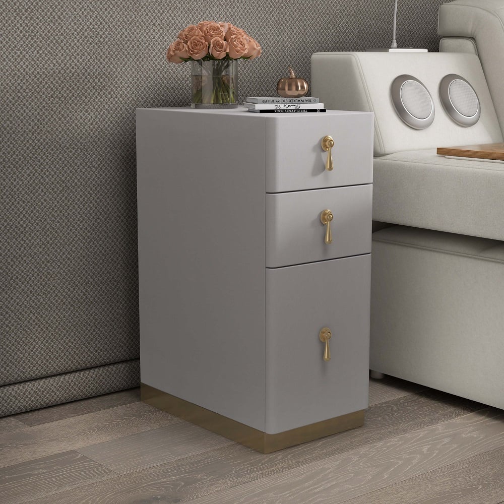 Questions and Answers for Modern Grey 3-Drawer Nightstand Narrow Bedside Table with Faux Leather Upholstery
