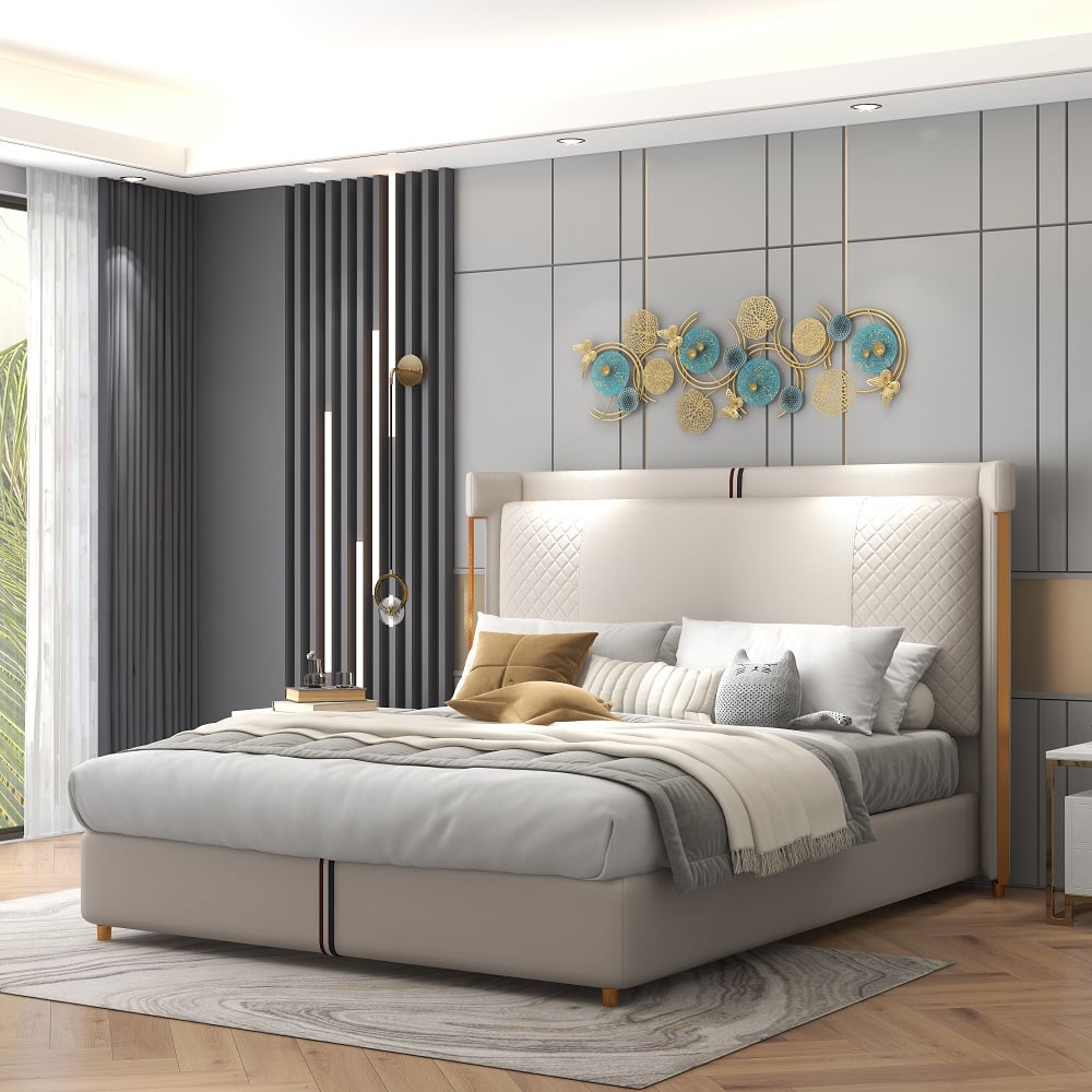 Customer Reviews for Beige Microfiber Leather Upholstered Bed with Wingback Headboard, California King
