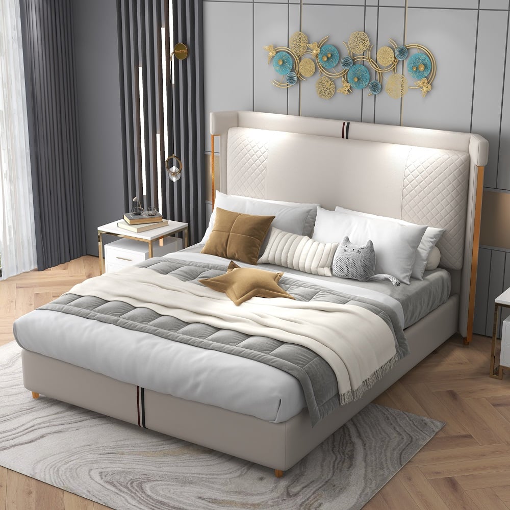 Customer Reviews for Beige Microfiber Leather Upholstered Bed with Wingback Headboard, California King