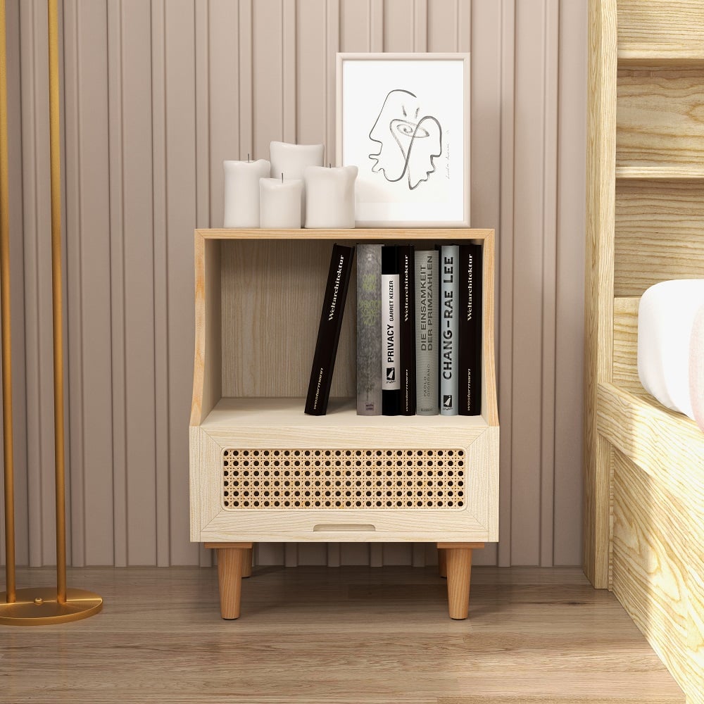 Questions and Answers for Natural Nightstand Nordic 1-Drawer Rattan Woven Wooden Bedside Table with Open Storage