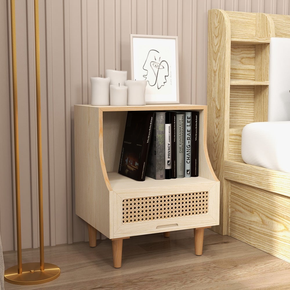 Questions and Answers for Natural Nightstand Nordic 1-Drawer Rattan Woven Wooden Bedside Table with Open Storage