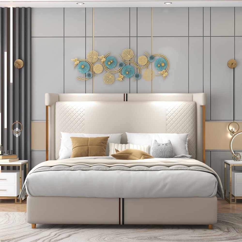 Customer Reviews for Beige Microfiber Leather Upholstered Bed with Wingback Headboard, California King