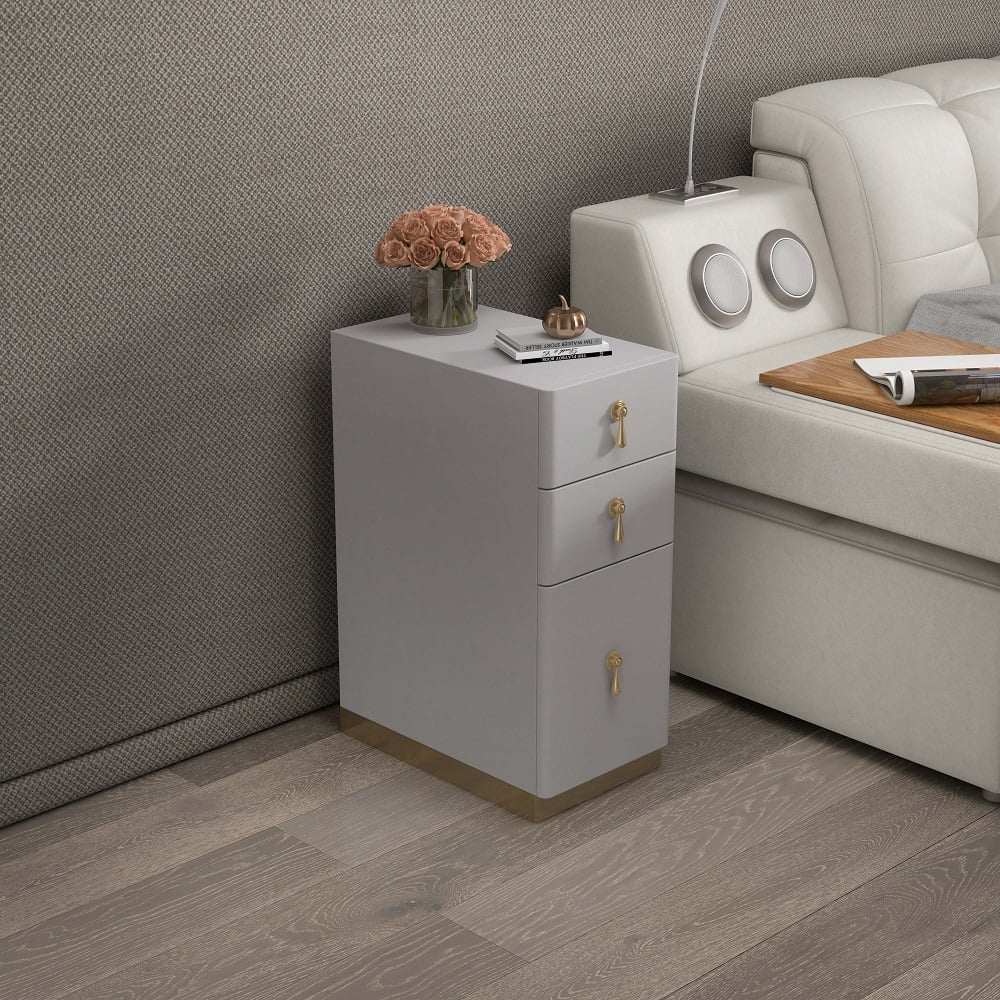 Questions and Answers for Modern Grey 3-Drawer Nightstand Narrow Bedside Table with Faux Leather Upholstery