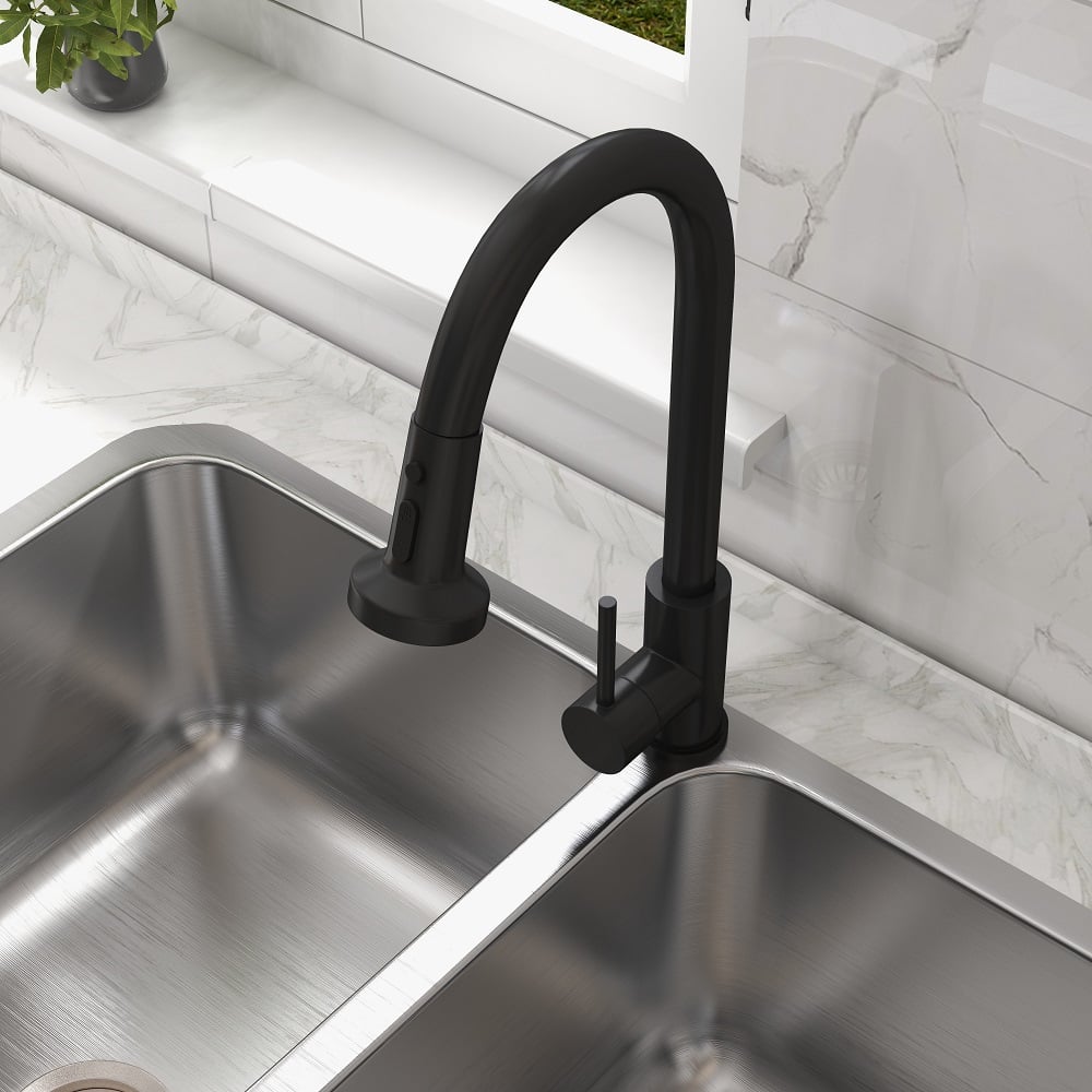 Questions and Answers for Commercial 3-Function Pull Down Spray Swivel Sprayhead Kitchen Sink Faucet with Deck Plate Matte Black Brass