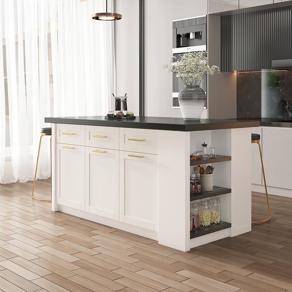 Questions and Answers for Modern black and white kitchen island with laminate finish and multiple storage