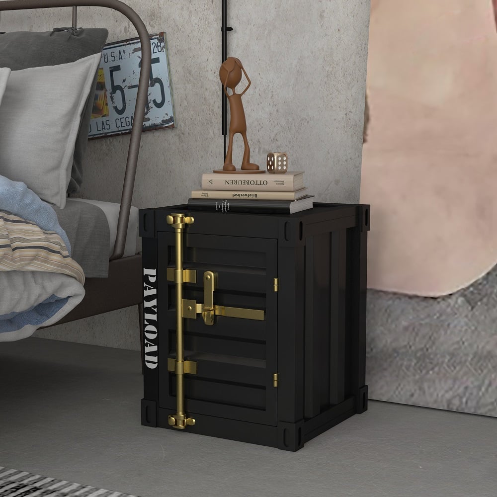 Perguntas e respostas para Mesa de cabeceira preta industrial Ctainer com armazenamento e prateleira com alça dourada