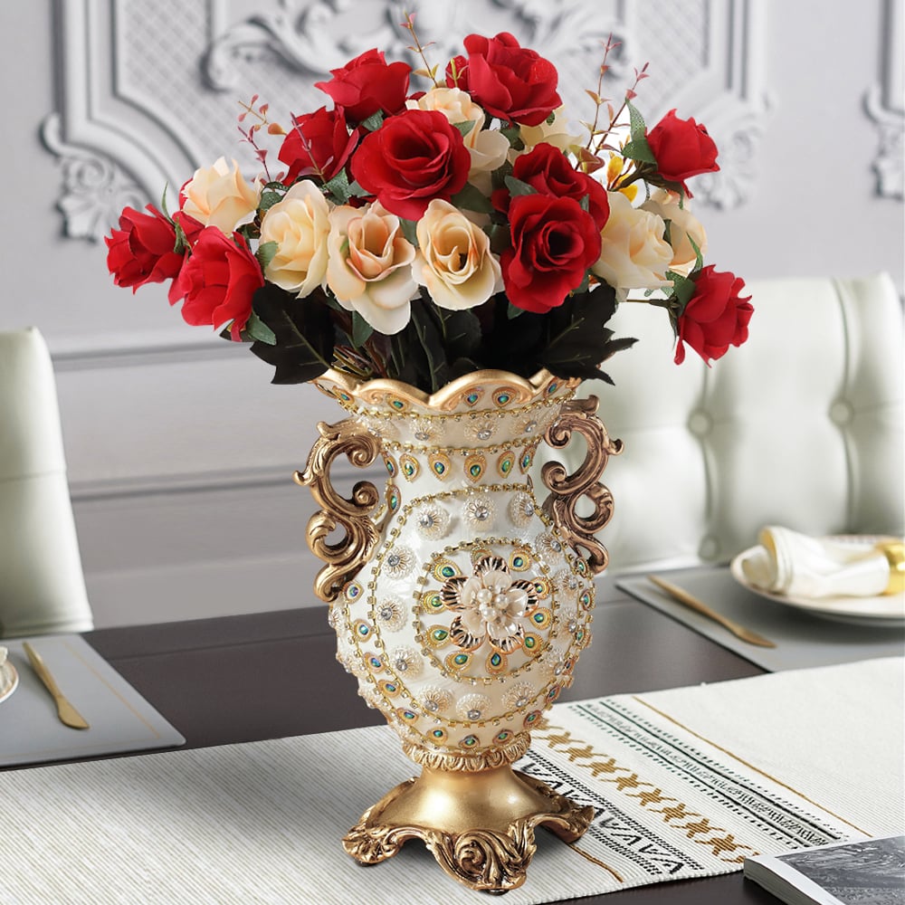 Perguntas e respostas para Vaso de flores grande, retrô europeu, branco e dourado, brilhante, 11,6", decoração, arte, sala de estar