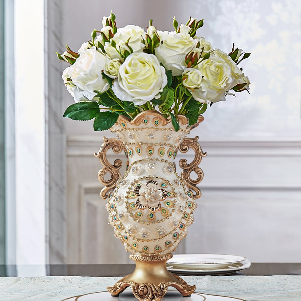 Perguntas e respostas para Vaso de flores grande, retrô europeu, branco e dourado, brilhante, 11,6", decoração, arte, sala de estar