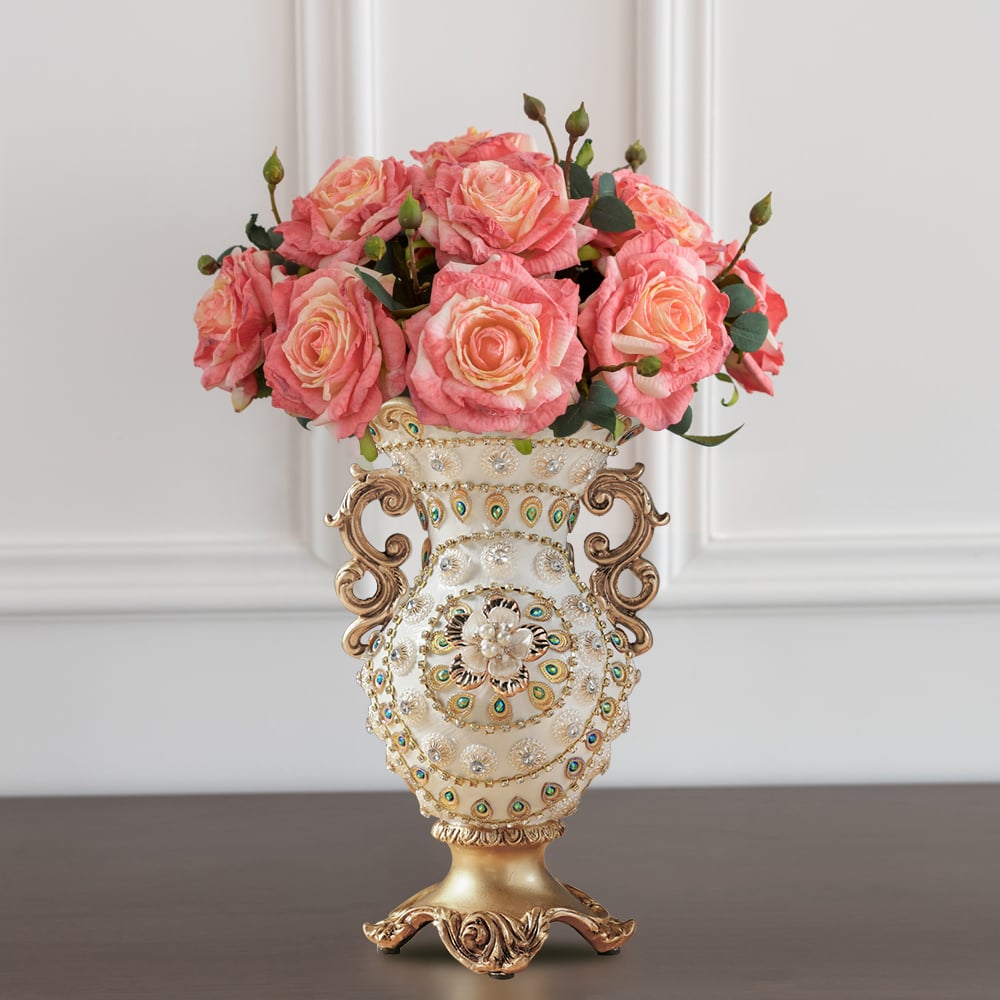 Perguntas e respostas para Vaso de flores grande, retrô europeu, branco e dourado, brilhante, 11,6", decoração, arte, sala de estar