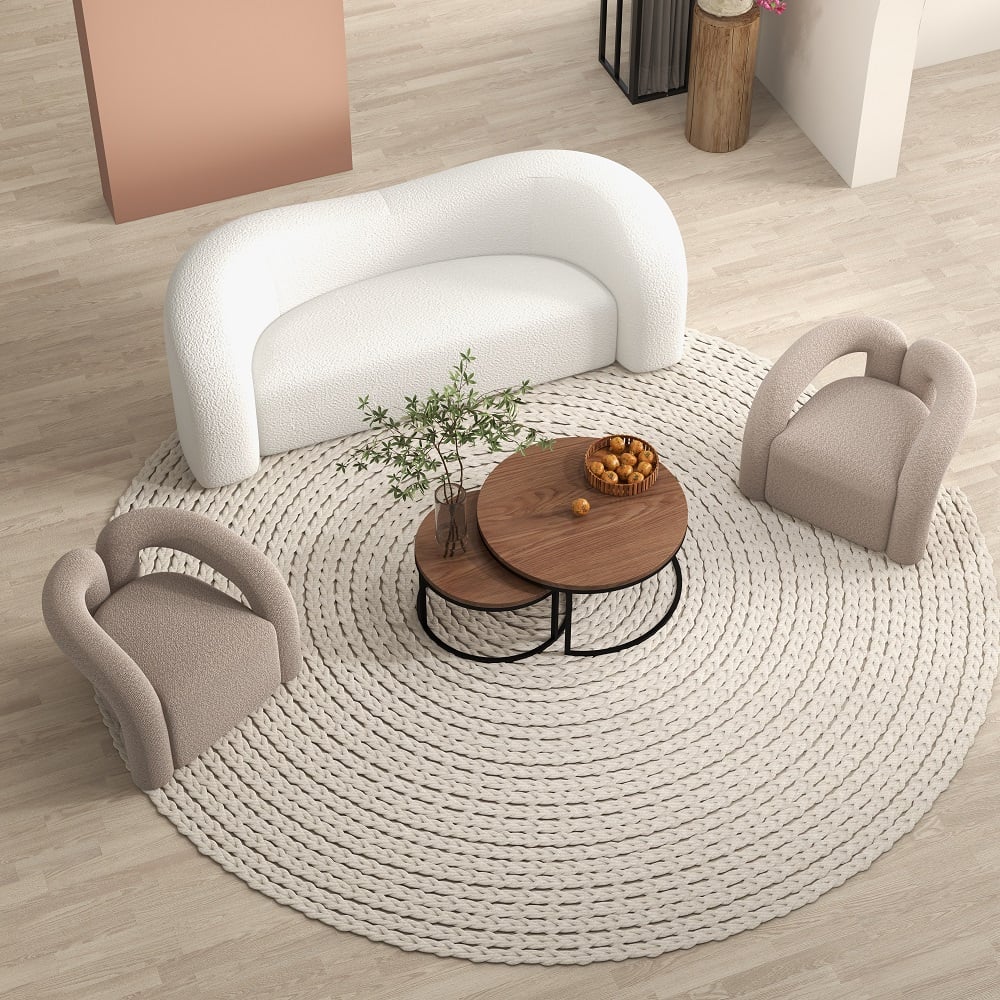 Questions et Réponses pour Fauteuil d'appoint Japandi gris en forme de boucle, fauteuil Shaggy pour salon