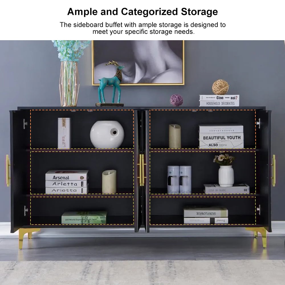 Questions and Answers for Wovuna Modern Sideboard Buffet 4 Doors & 6 Shelves Accent Cabinet Gold Finish in Large