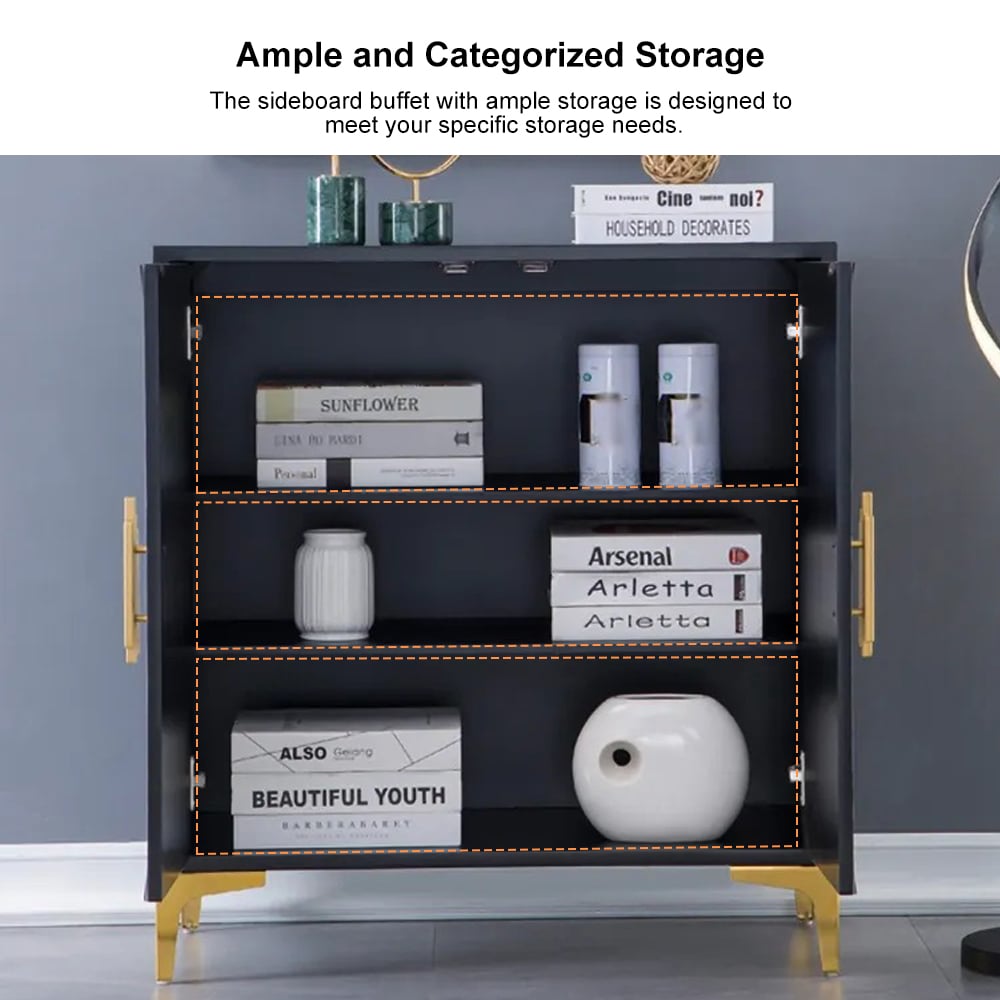 Avis Clients sur Buffet noir et blanc 2 portes et 3 étagères Meuble d'appoint finition dorée en petit format