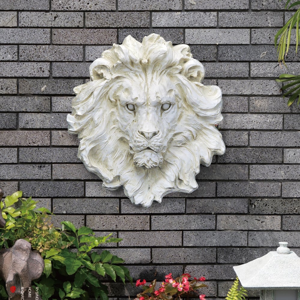 Questions et Réponses pour Décoration murale extérieure en forme de tête de lion de 565 mm, sculpture de jardin, statue d'animal, beige