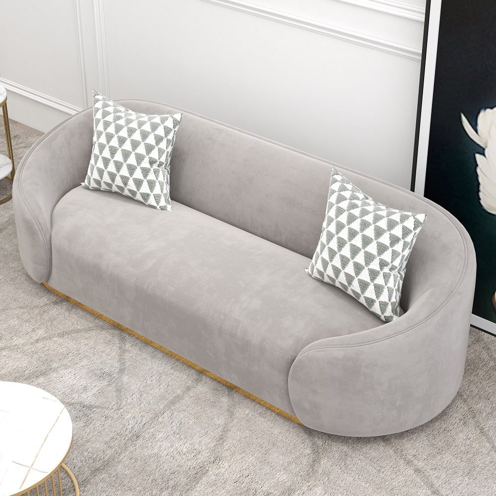 Vragen en antwoorden voor Grijze 3-zitsbank gestoffeerde fluwelen bankkussens inbegrepen