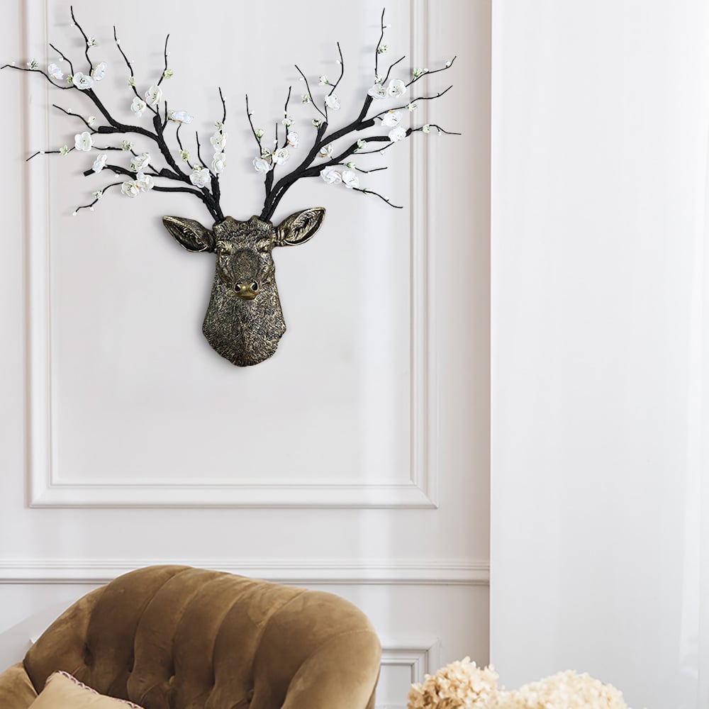 Questions and Answers for Antique Bronze Deer Head Wall Decor White Cherry Blossom Artificial Flower Arrangement