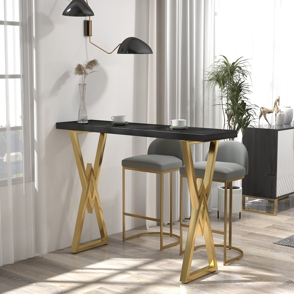 Vragen en antwoorden voor Zwarte rechthoekige barhoogte pubtafel eettafel voor ontbijthoek massief houten X-basis