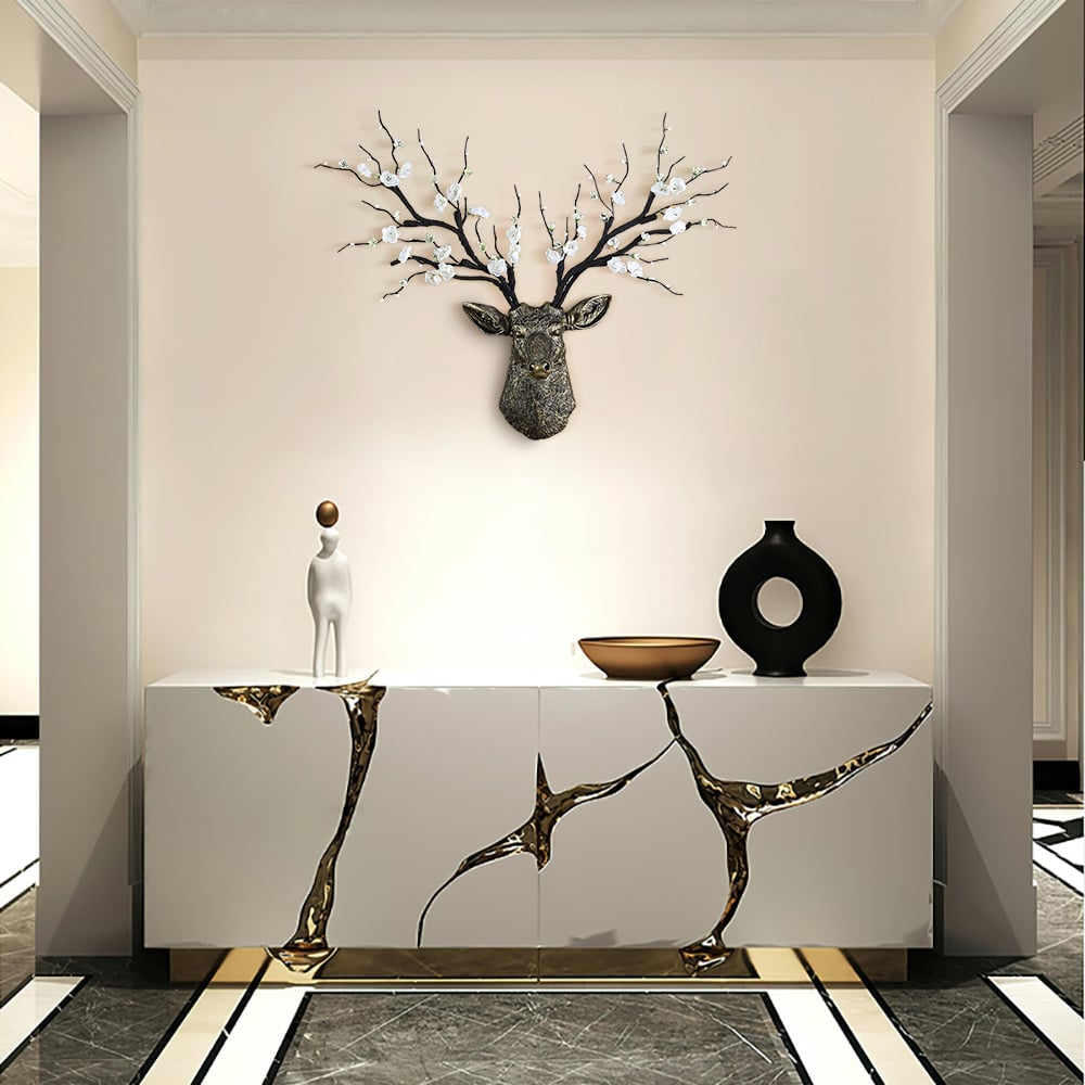 Questions and Answers for Antique Bronze Deer Head Wall Decor White Cherry Blossom Artificial Flower Arrangement