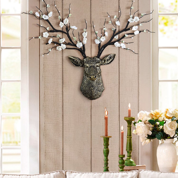 Questions and Answers for Antique Bronze Deer Head Wall Decor White Cherry Blossom Artificial Flower Arrangement