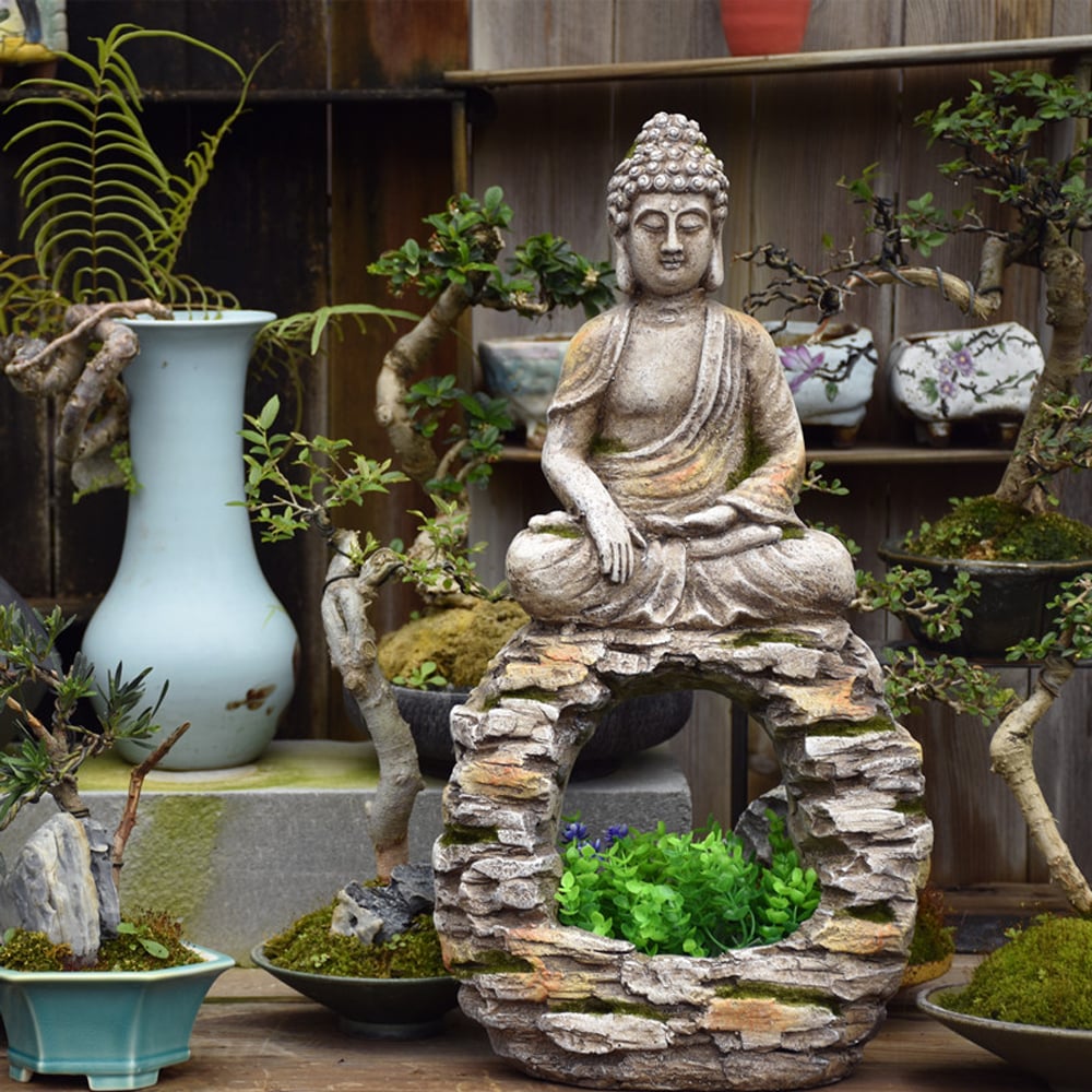 Questions and Answers for 22.2" Garden Buddha Statue Outdoor Gray Resin Sculpture Decor Art Flower Pot Planter